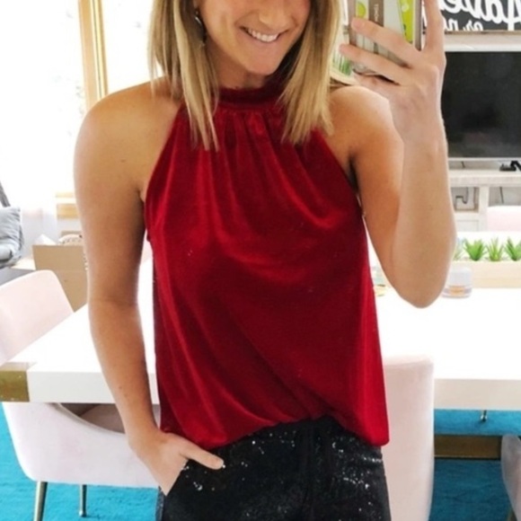 Gibson x Glam Squad Dede Velvet Tie Back Red Halter Top Size Small Holiday Top - Picture 1 of 10